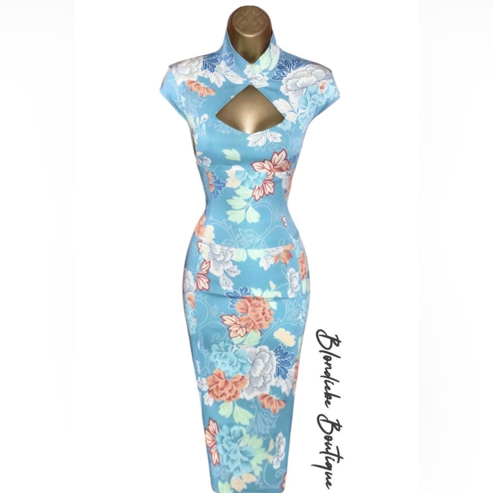 Vintage Karen Millen Aqua Blue Floral Dress Cheongsam Piqao Asian US Sz 8 6